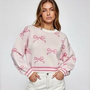 Pink Bow Print Crewneck Sweater